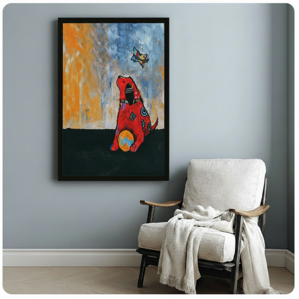 Expressive red dog gazing at butterfly framed abstract art poster on blue grey wall beside white linen armchair