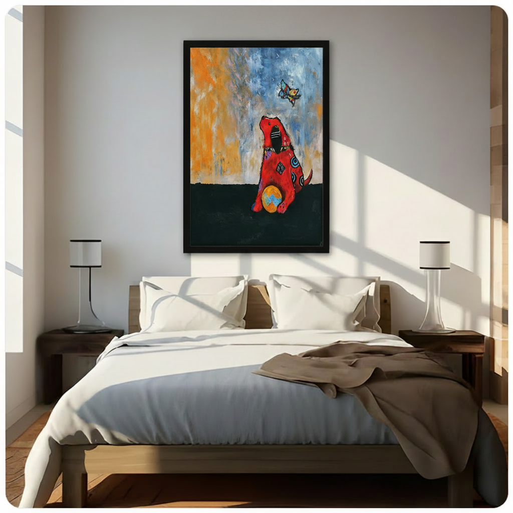 Abstract red dog and colorful butterfly framed wall art print above bed in bright sunlit Scandinavian bedroom