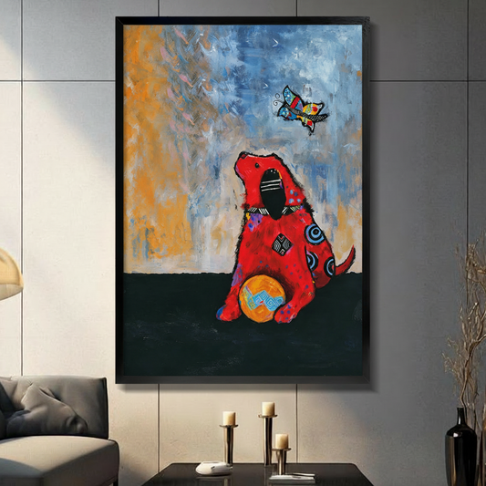 Framed abstract red dog watching colorful butterfly with orange ball expressive oil painting wall art in modern grey living room
