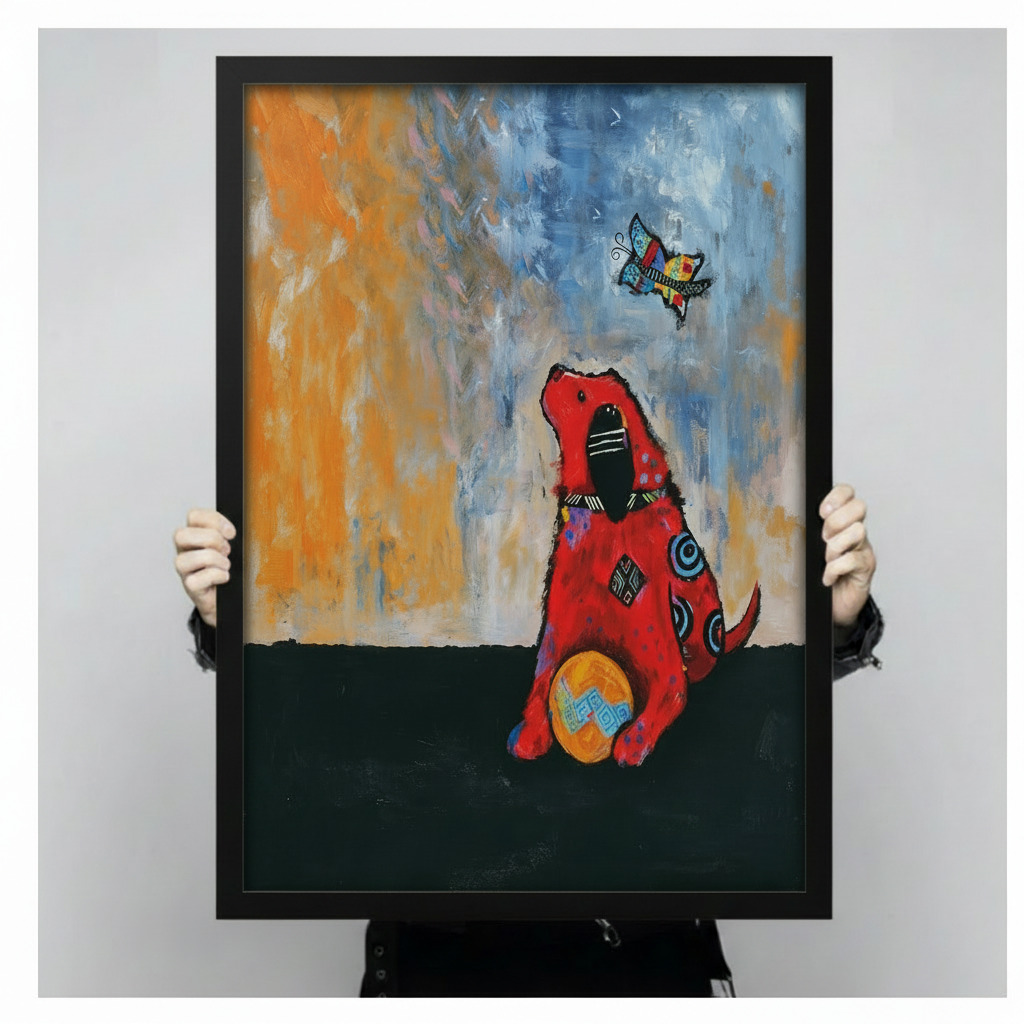Close-up of abstract red dog butterfly and orange ball expressive painting art print held by two hands showing full detail