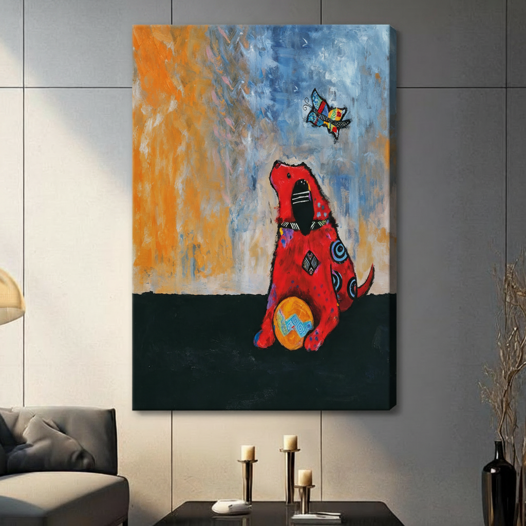 Abstract red dog and butterfly canvas wall art print with orange ball on grey living room wall without frame