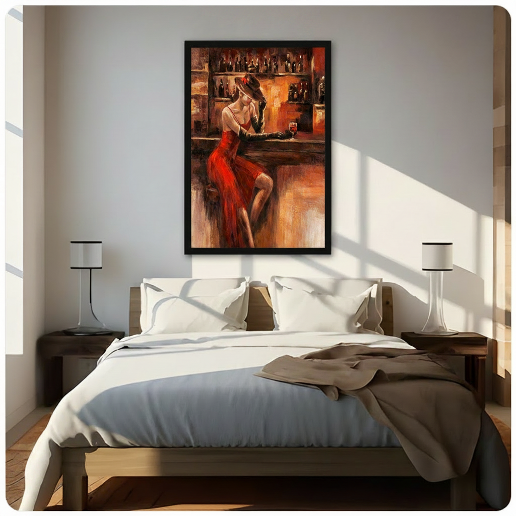 Woman at bar framed art above bed in sunlit bedroom with nightstand lamps