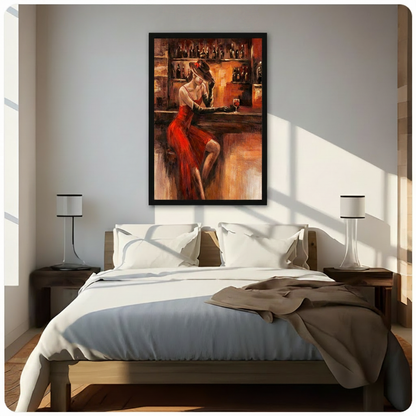 Woman at bar framed art above bed in sunlit bedroom with nightstand lamps