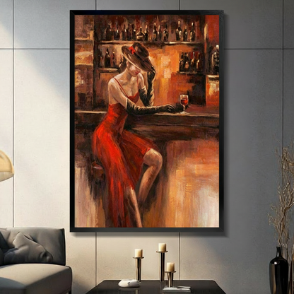 Elegant lady with wine glass framed wall art displayed on modern grey living room wall
