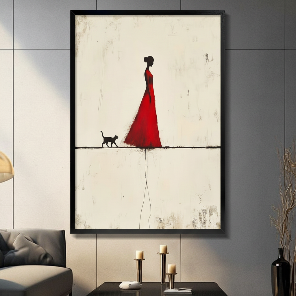 Minimalist red dress woman silhouette with black cat framed wall art - abstract figurative canvas print for modern living room decor