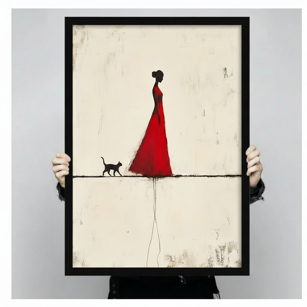 Hands holding large framed red dress woman black cat canvas print - full artwork detail of abstract figurative wall art with cream textured background
