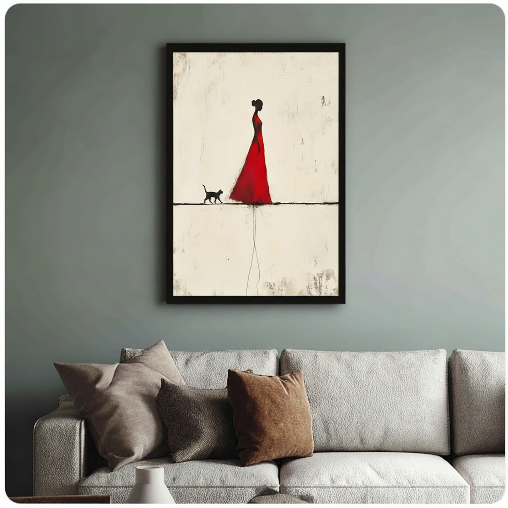 Red dress woman with black cat framed art print above linen sofa - minimalist figurative wall decor in muted blue-grey living room
