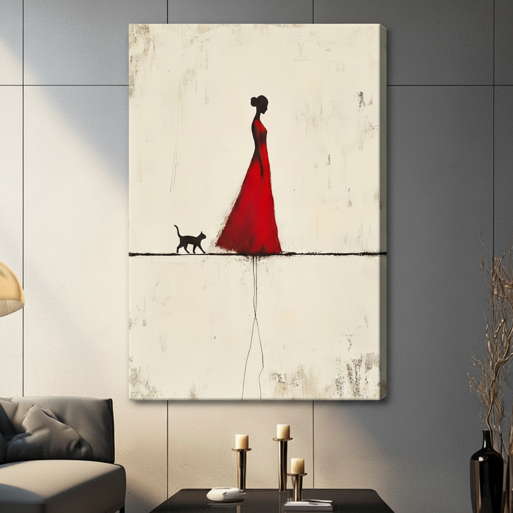 Unframed red dress woman and black cat canvas print - elegant abstract silhouette wall art with cream textured background for contemporary home decor