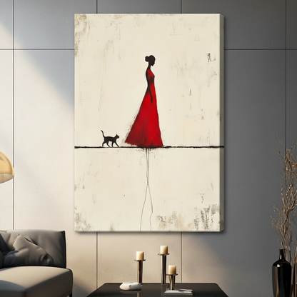 Unframed red dress woman and black cat canvas print - elegant abstract silhouette wall art with cream textured background for contemporary home decor