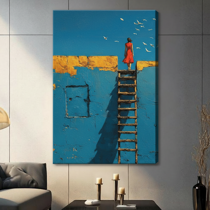 Gallery wrapped canvas art featuring surrealist oil painting of red-dressed woman at top of ladder on vivid blue textured wall with soaring white birds and golden horizontal stripe, hung on dark wall