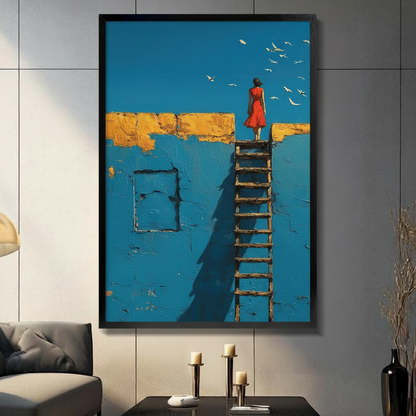 Black framed canvas print of woman in red dress standing atop wooden ladder against textured blue wall with golden beam and white birds in flight, displayed on dark grey wall above console table