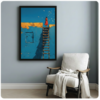 Black framed figurative art print showing red-dressed woman standing on tall wooden ladder against bold blue textured wall with white birds and golden stripe, styled beside white linen armchair