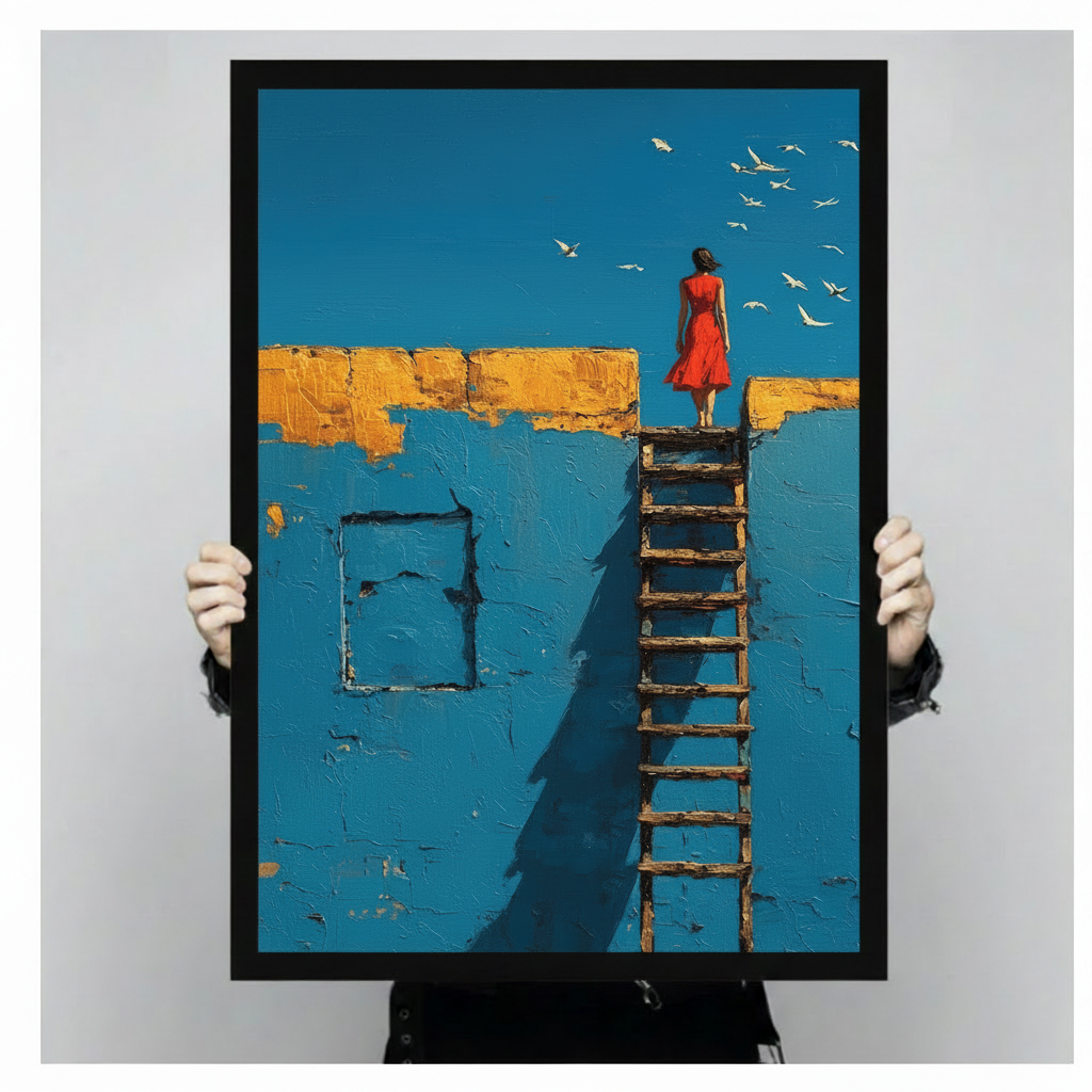  Hand-held black framed poster print of surrealist oil painting featuring woman in flowing red dress atop ladder on blue wall with golden horizontal beam and white birds flying overhead
