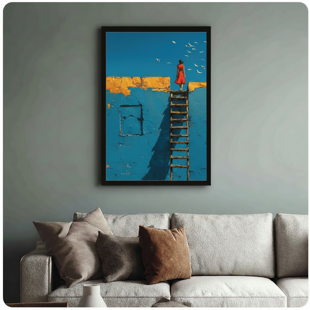 Framed surrealist wall art print of woman in red dress climbing wooden ladder on blue painted wall with golden beam and flock of white birds, displayed above linen sofa in sage green living room