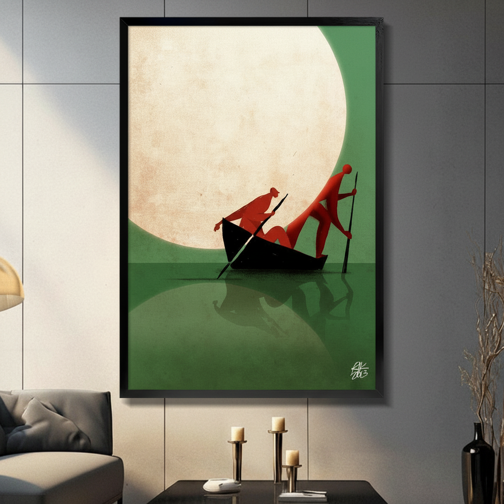 Framed minimalist wall art of two bold red abstract figures rowing a black boat beneath a large full moon on a deep green background with water reflection, displayed in a modern dark grey living room