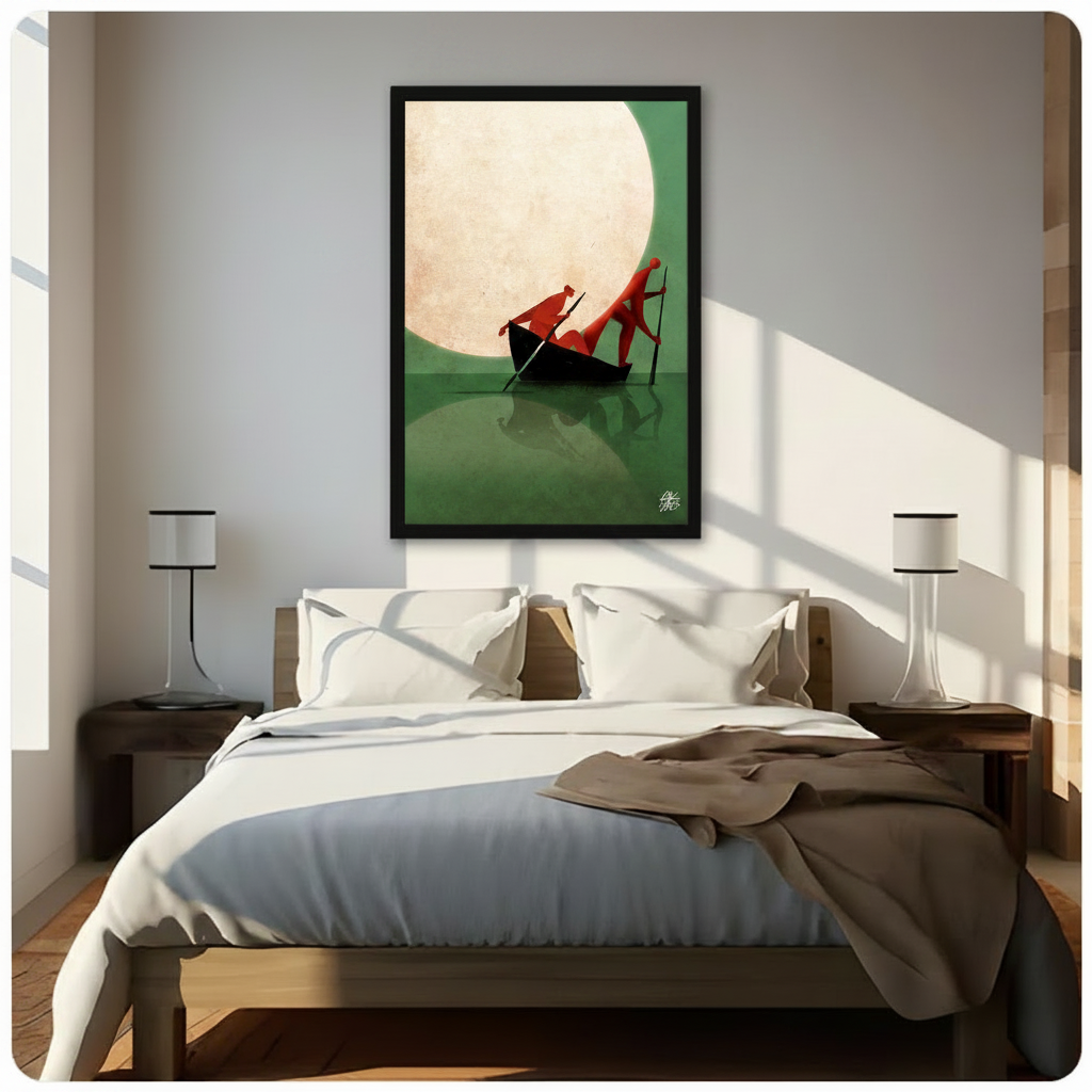 Framed abstract wall art of two red silhouette figures rowing a boat under a glowing full moon on a green reflective surface, hung above a wooden bed in a bright sunlit minimalist bedroom