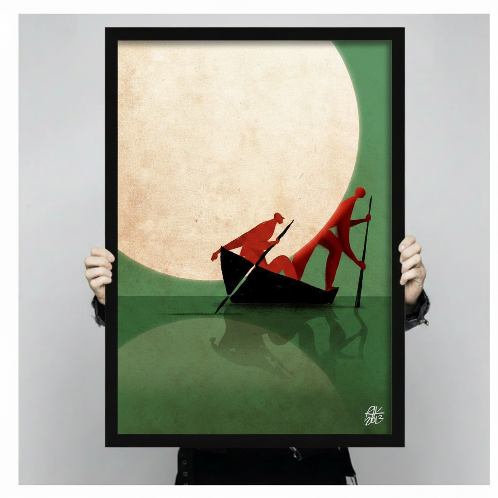 Close-up size reference of a black-framed minimalist art print showing two bold red abstract figures in a black boat under a full moon on a green background, held by two hands