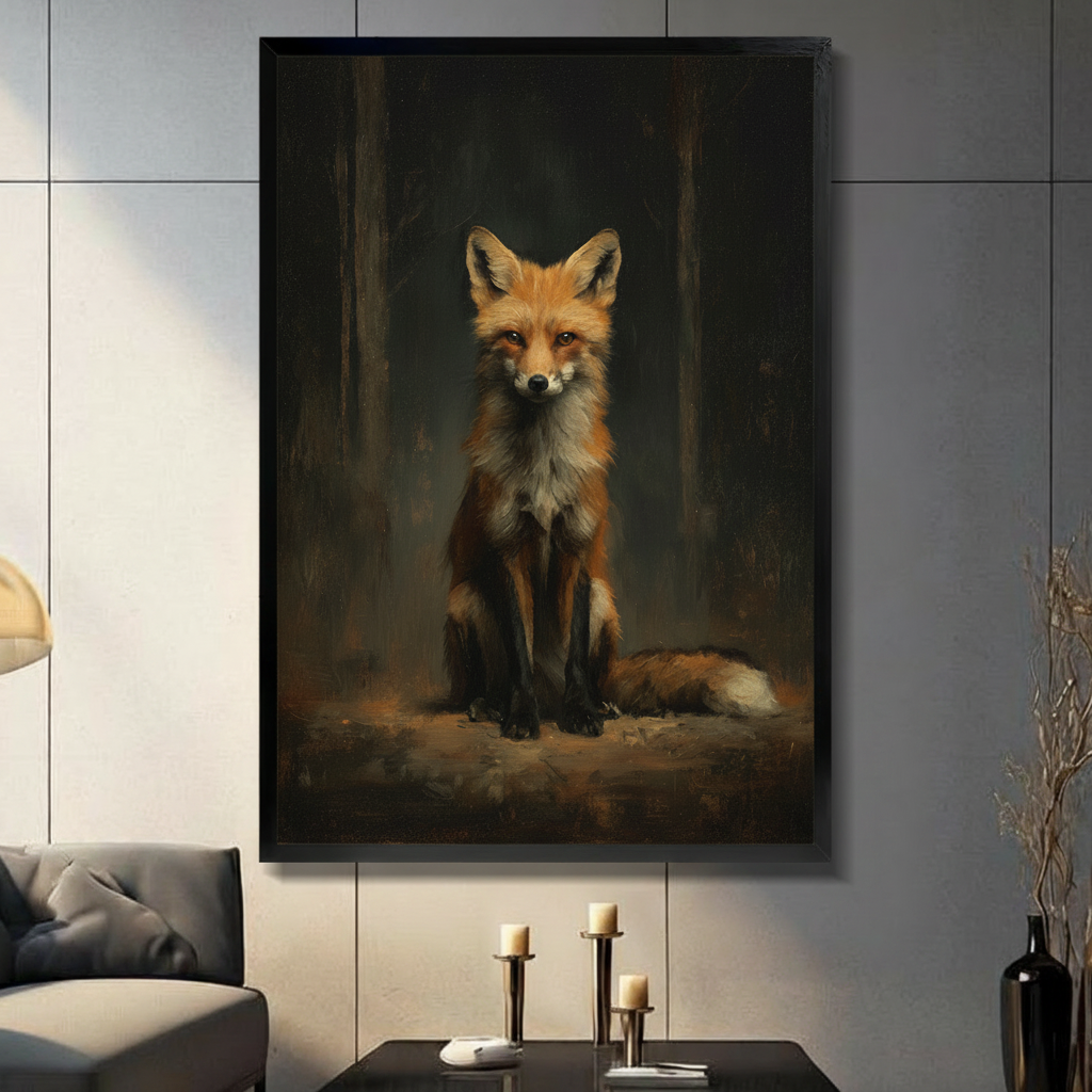 Black framed red fox oil painting sitting in a dark misty forest, displayed on a gray tile wall in a moody living room with candlestick decor