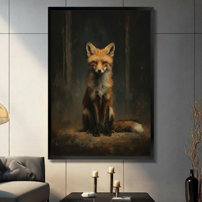 Black framed red fox oil painting sitting in a dark misty forest, displayed on a gray tile wall in a moody living room with candlestick decor