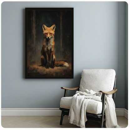 Framed red fox dark forest oil painting on a blue-gray wall beside a white linen armchair, cottagecore and gothic animal wall decor