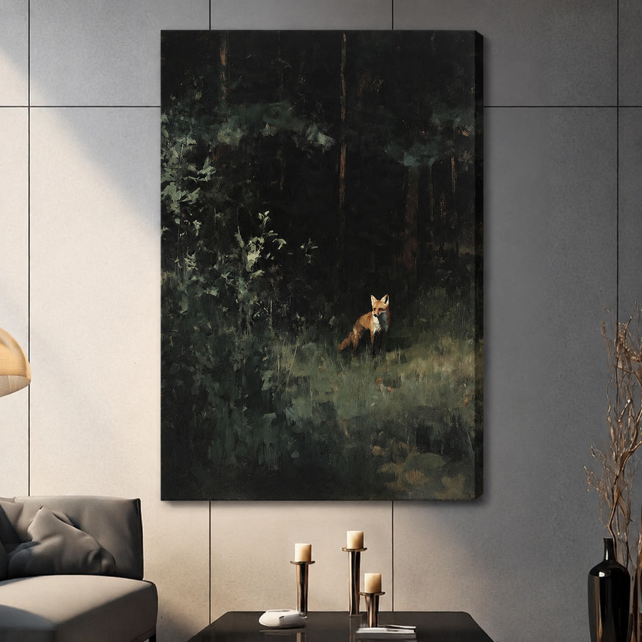 Red fox in dark forest gallery-wrapped canvas wall art displayed in a contemporary living room setting