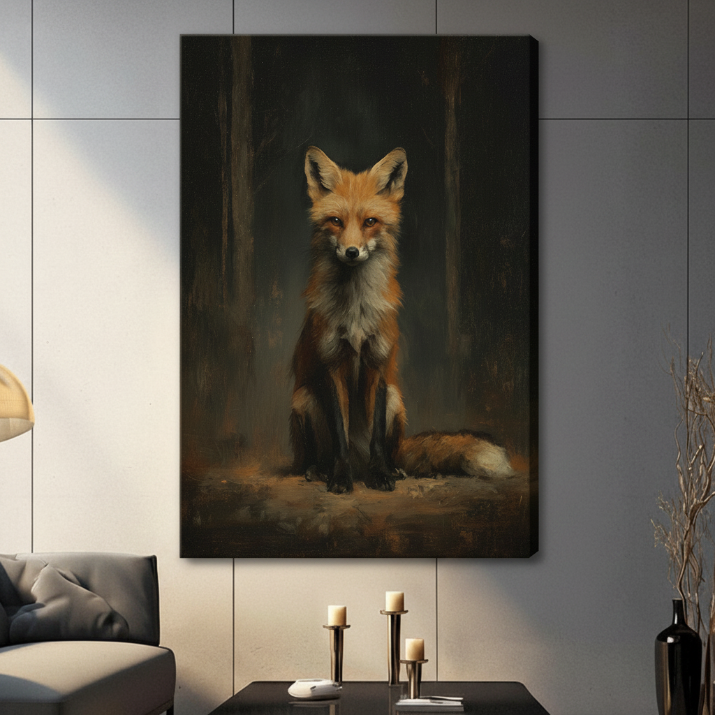Unframed canvas print of a red fox gazing forward in a dark forest, hung on a gray wall in a contemporary living room setting