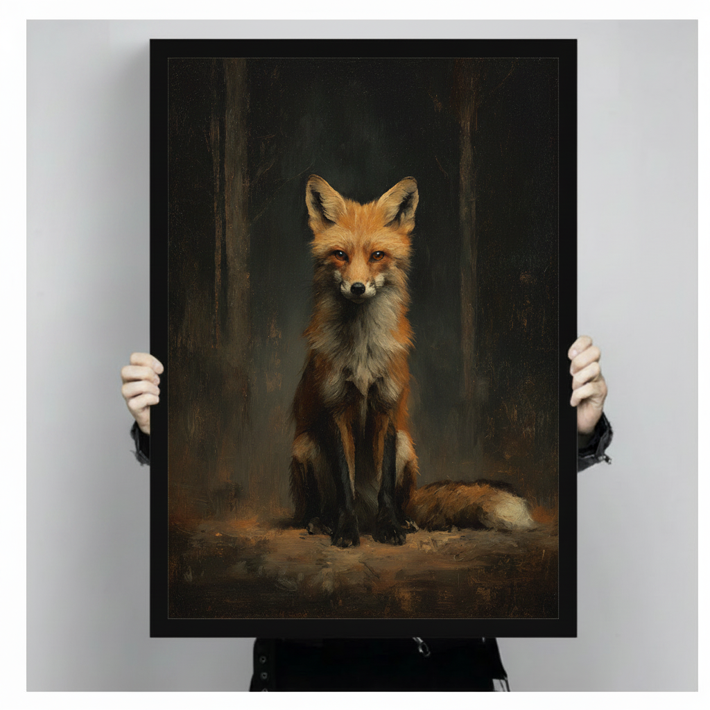 Close-up of a dark forest red fox oil painting in black frame held by two hands, showing rich texture and print detail