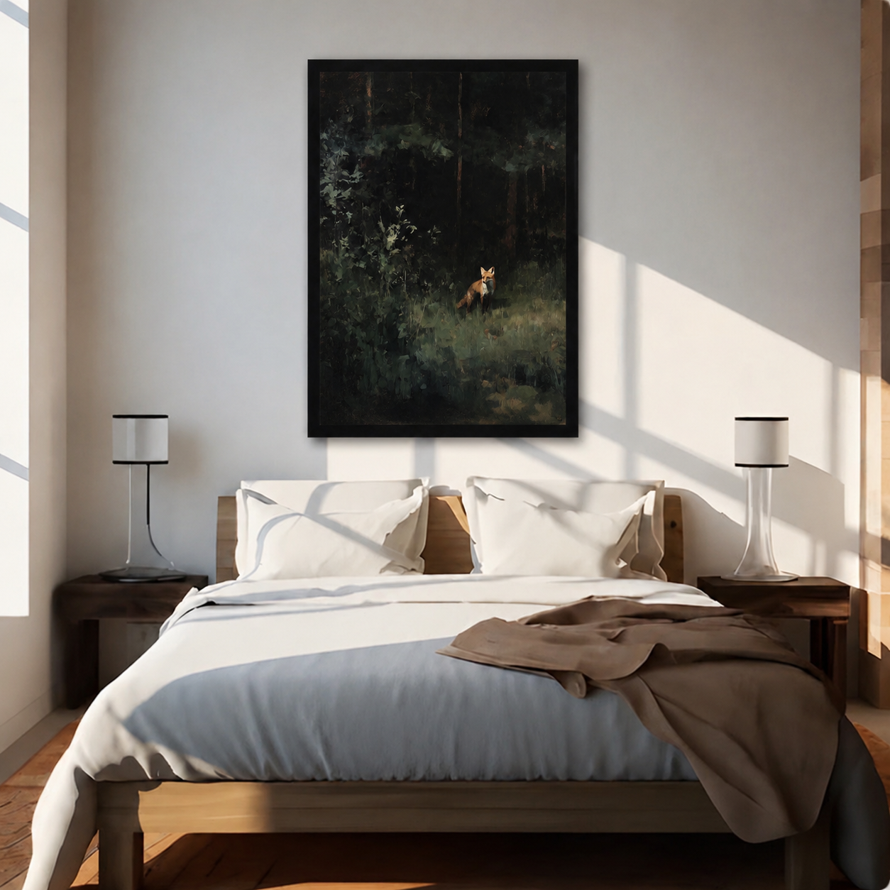 Framed red fox dark forest painting above bed in a sunlit Japandi-style bedroom with warm natural light