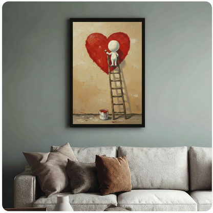 Black framed red heart and ladder figure wall art above neutral sofa on sage green wall, romantic oil texture print for modern living room decor
