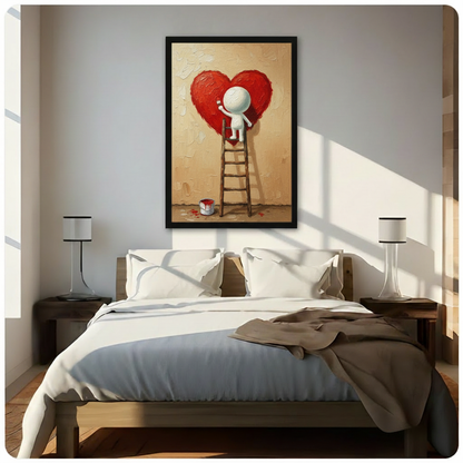 Black framed red heart ladder figure wall art hung above bed in sunlit neutral bedroom, romantic Banksy-style love print as statement bedroom decor
