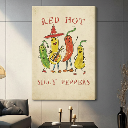 Red Hot Silly Peppers retro canvas print wall decor featuring cartoon pepper band characters in neutral living space