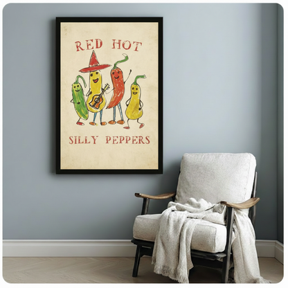 Framed Red Hot Silly Peppers funny pepper band poster hung on blue-gray wall beside white accent chair