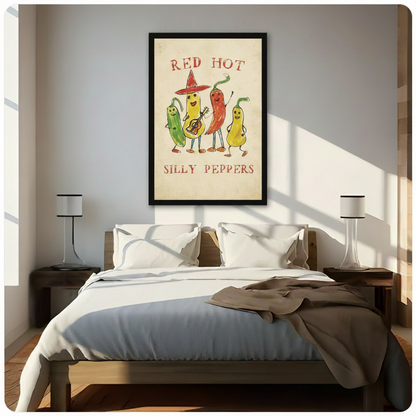 Red Hot Silly Peppers framed art print above bed in bright minimalist bedroom with natural light