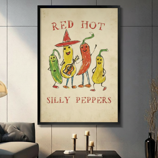 Red Hot Silly Peppers vintage framed wall art poster displayed in modern living room above candle holders