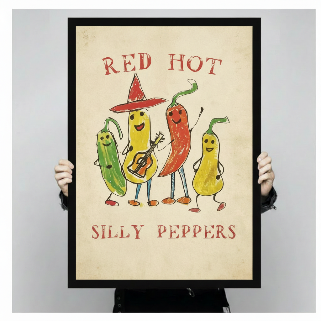 Close-up of Red Hot Silly Peppers humorous vintage-style poster with hand-drawn pepper characters held by person