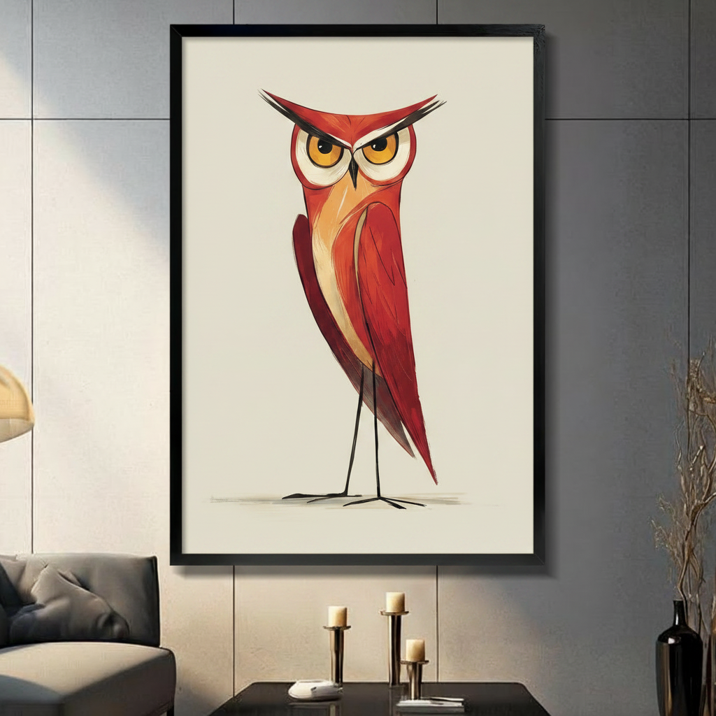 Grumpy red owl wall art print in black frame displayed in modern living room above console table