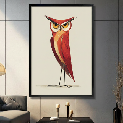 Grumpy red owl wall art print in black frame displayed in modern living room above console table