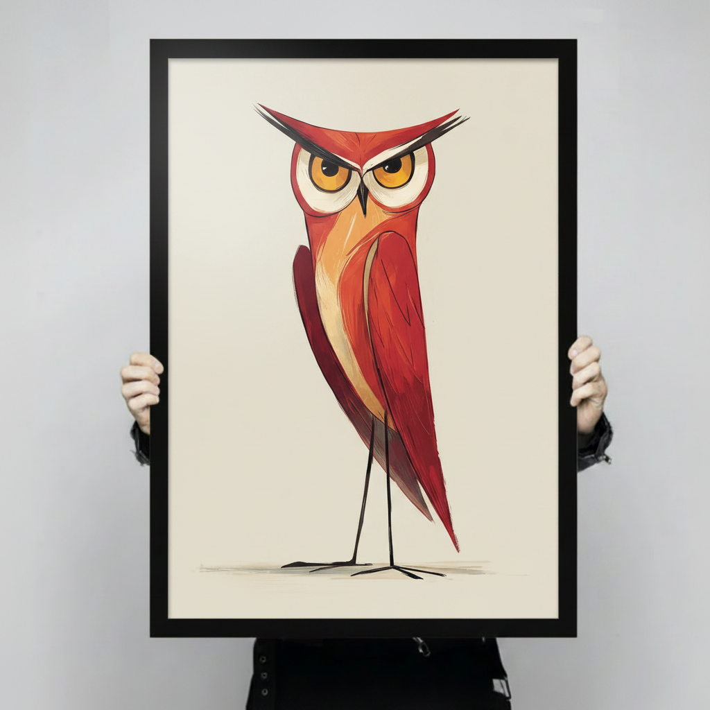 Close-up of red owl illustration art print held by hands showing fine detail on cream background
