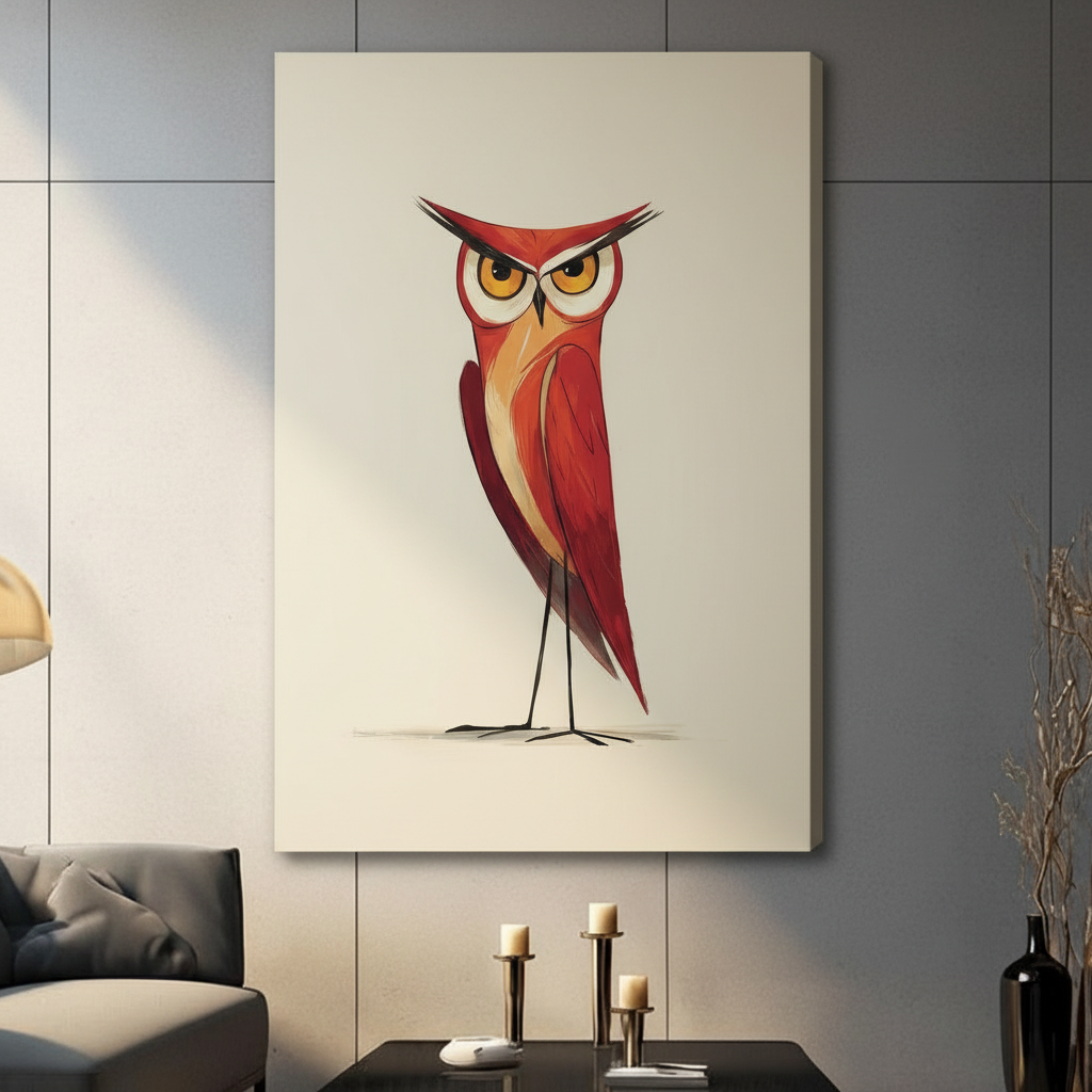Gallery wrapped red owl canvas art with cream background hung on gray wall in contemporary living space
