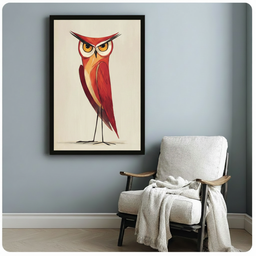 Minimalist red owl framed poster art on blue-gray wall beside white linen armchair in cozy reading nook