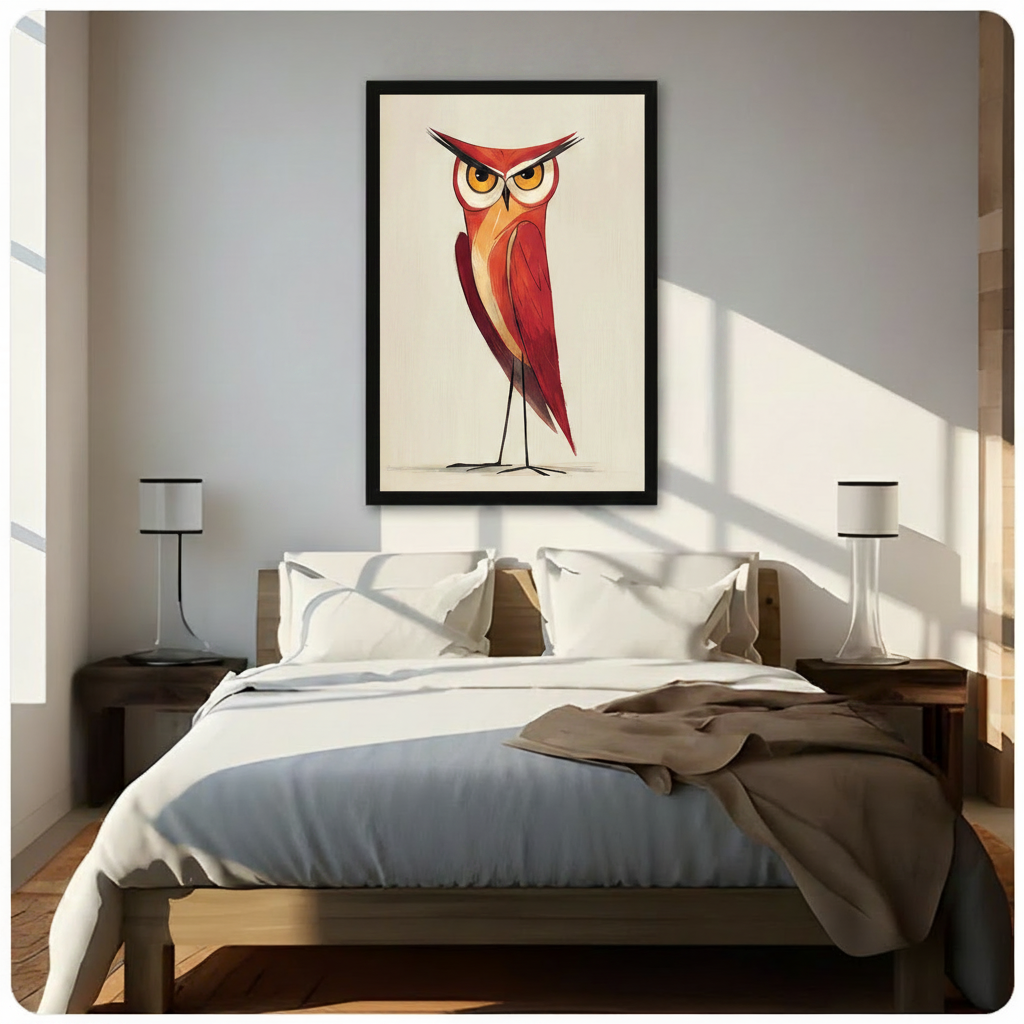 Red owl character wall art in black frame mounted above bed in bright Scandinavian-style bedroom