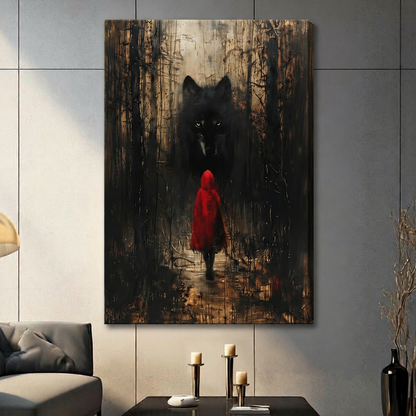 Dark academia canvas wall art featuring Red Riding Hood walking toward a looming black wolf in a shadowy forest, canvas wrap style