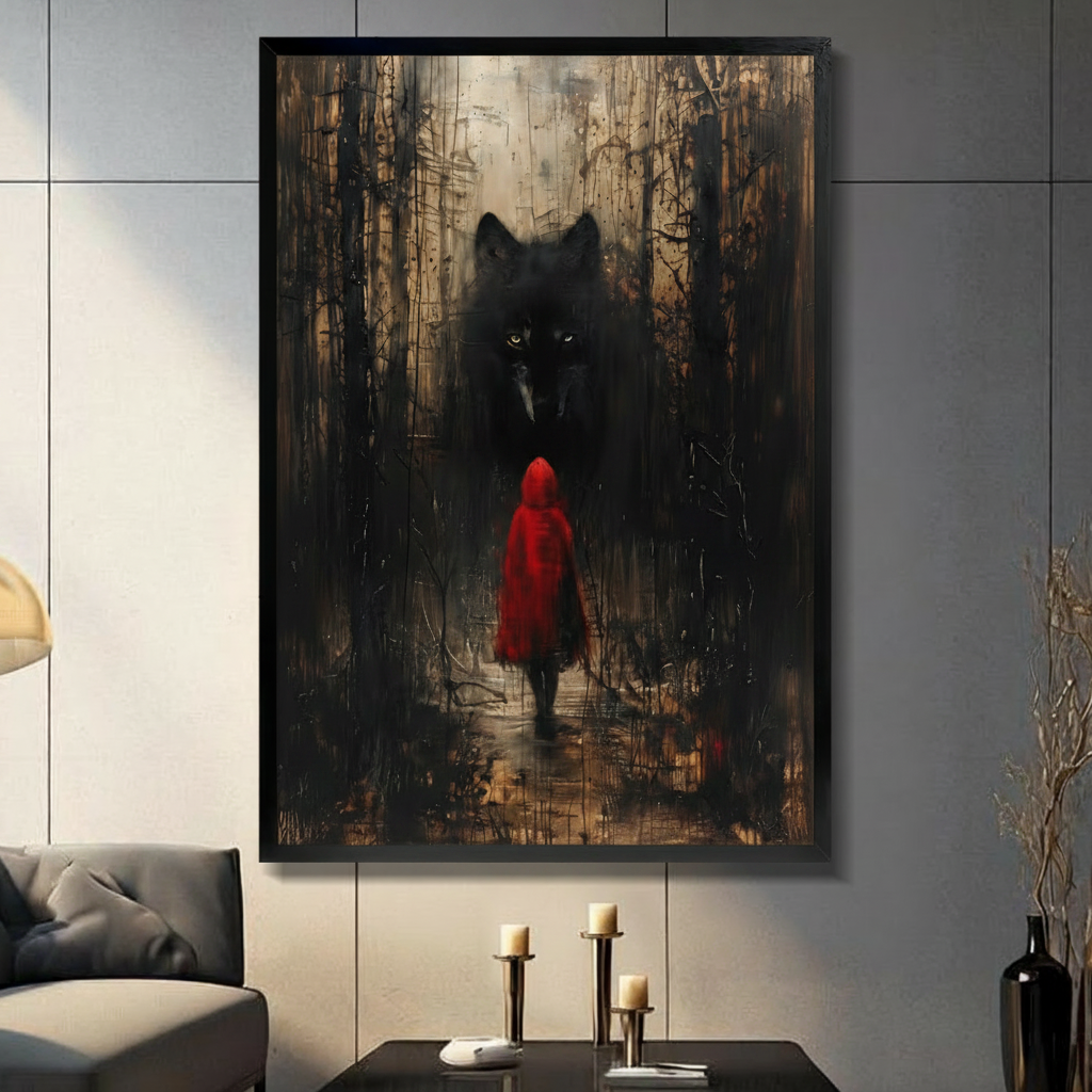 Framed dark fantasy wall art print of Red Riding Hood and a giant black wolf in a haunted forest, displayed in a moody living room