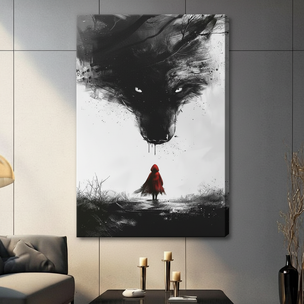 Gallery-wrapped canvas of dramatic black and white wolf wall art with red hooded figure, styled in a contemporary dark living room