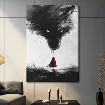 Gallery-wrapped canvas of dramatic black and white wolf wall art with red hooded figure, styled in a contemporary dark living room