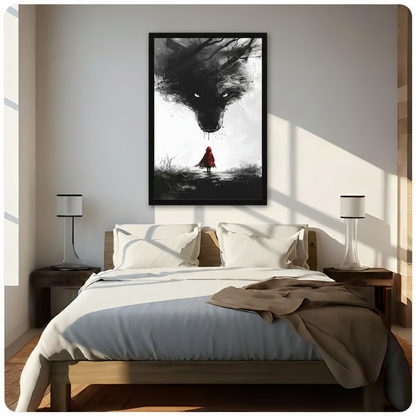 Black-framed gothic fairy tale wall art of Red Riding Hood and giant wolf above a wooden bed in a sunlit minimalist bedroom with dual lamps