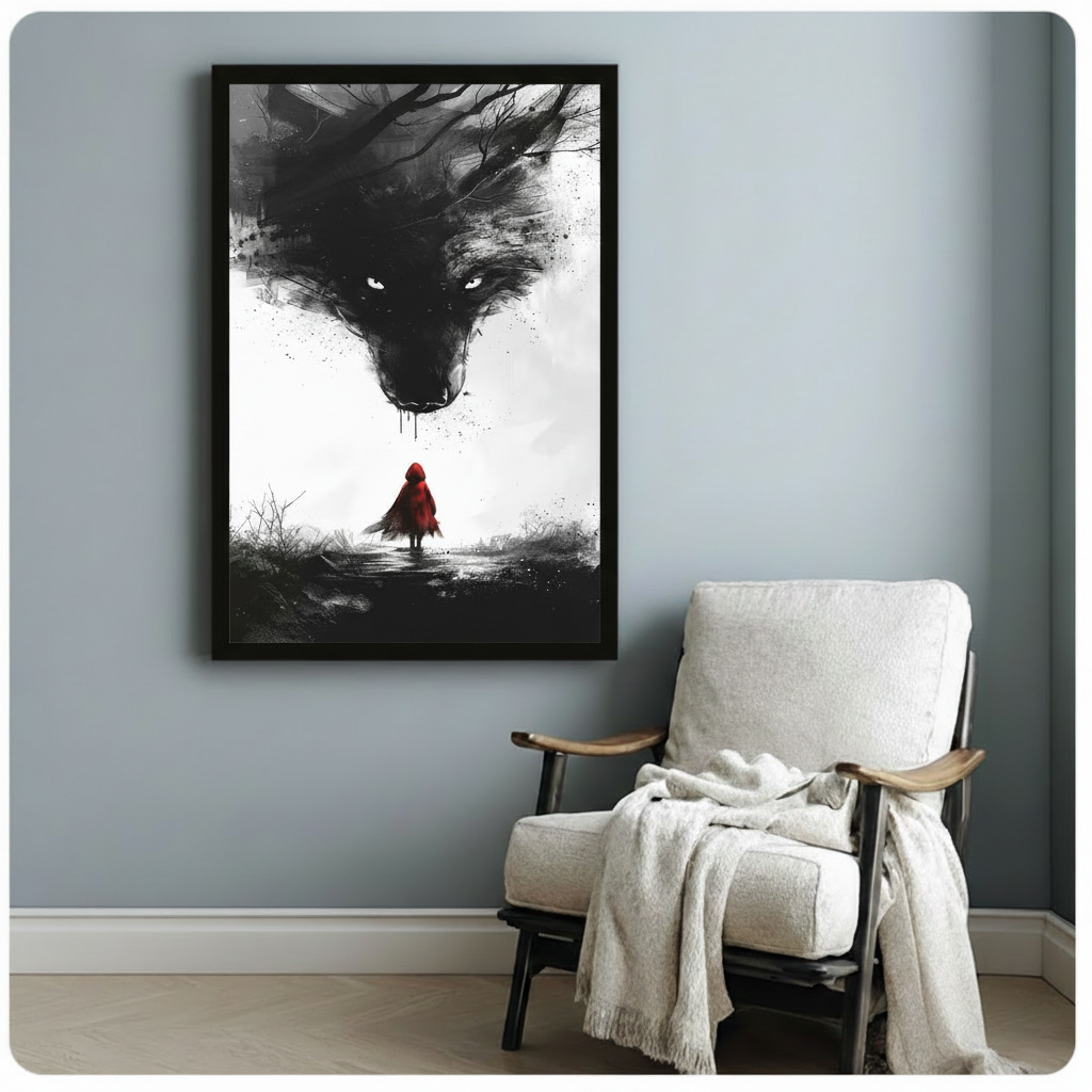 Framed dark fantasy canvas print of a lone red-cloaked figure beneath a massive ink-wash wolf, displayed on a blue-grey wall beside a linen armchair