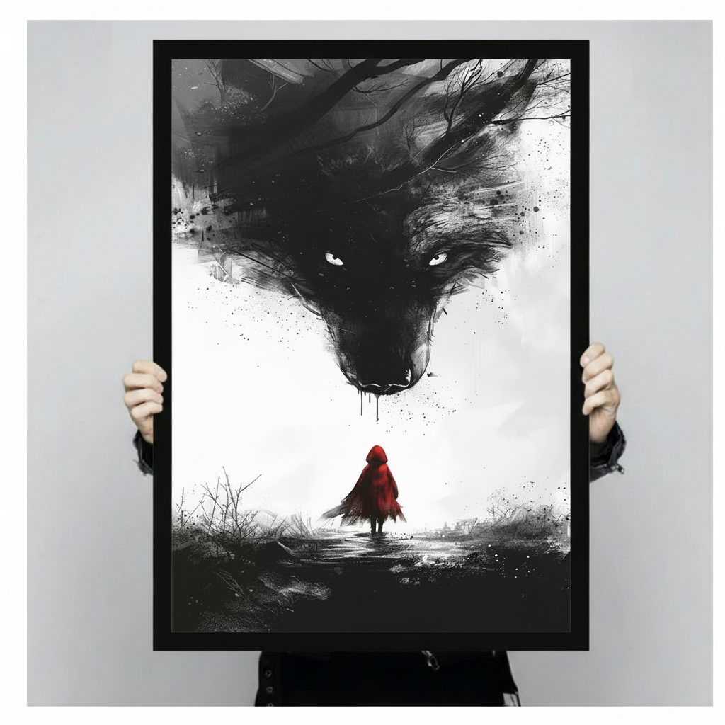 Two hands holding a large black-framed dark wolf and red riding hood art print, showcasing canvas size and dramatic ink illustration detail