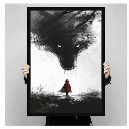 Two hands holding a large black-framed dark wolf and red riding hood art print, showcasing canvas size and dramatic ink illustration detail