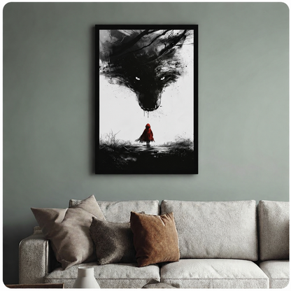 Black-framed gothic fairy tale wall art featuring a red-cloaked girl confronting a looming wolf, hung above a neutral sofa on a sage green wall